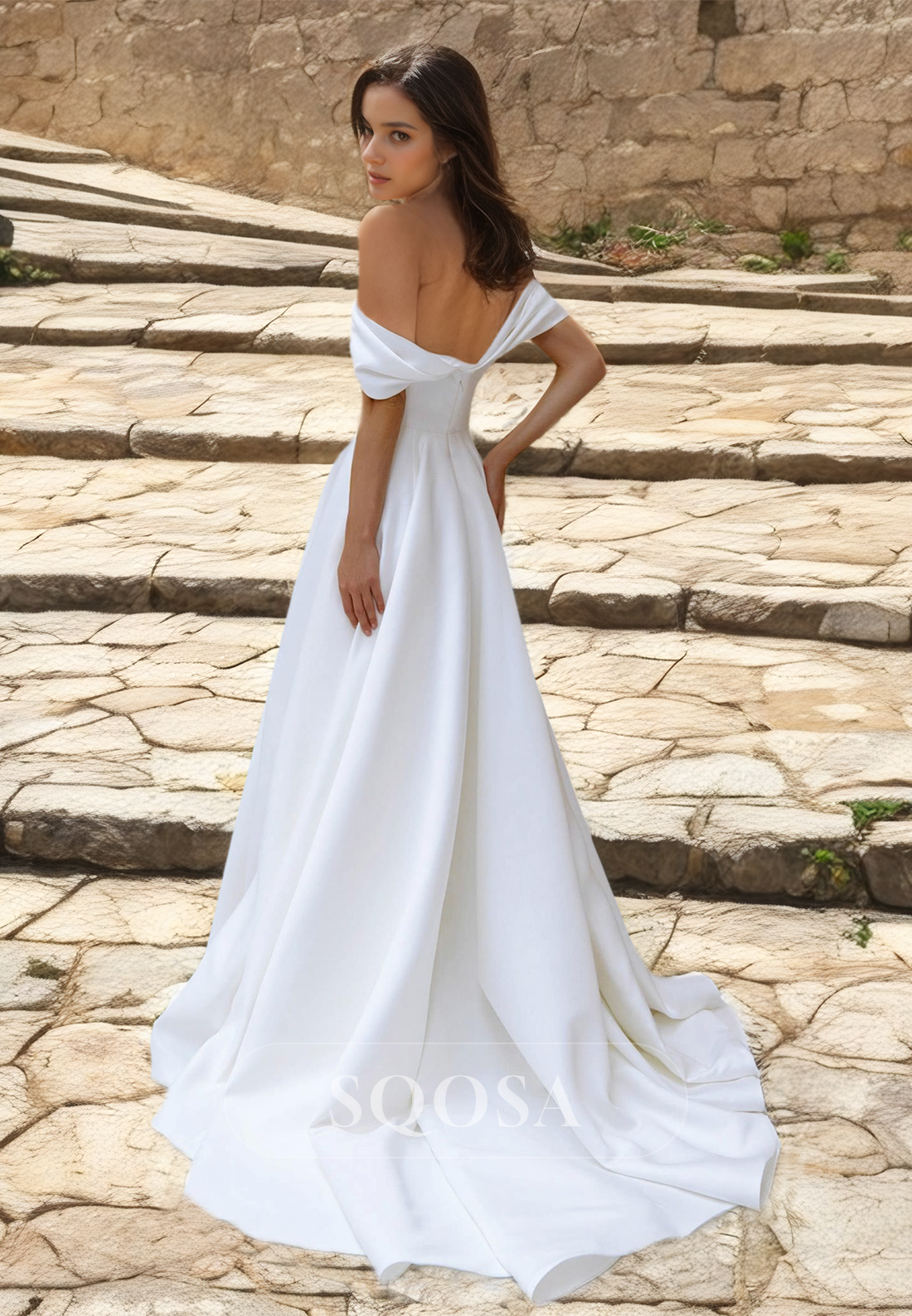 Simple Sweetheart Off-Shoulder Satin Bride Gowns Sleeveless Pleated A-Line Wedding Dress