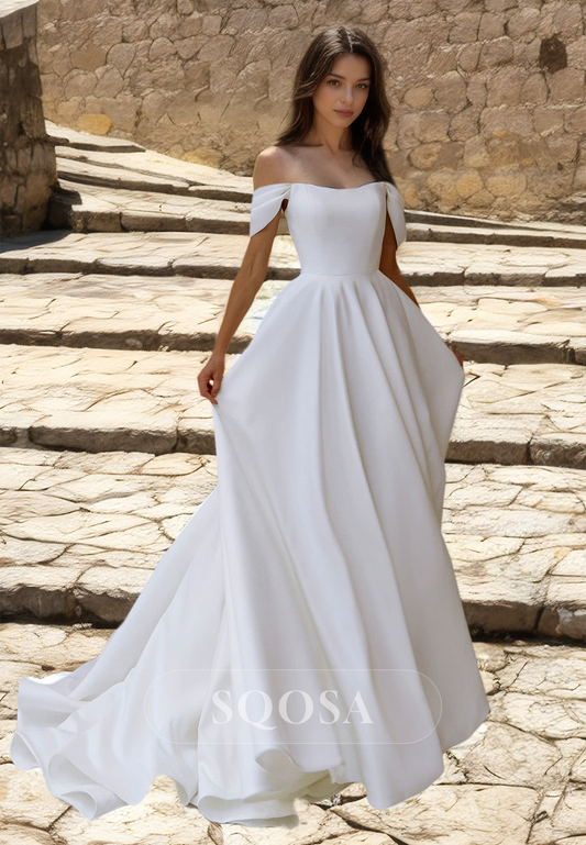 Simple Sweetheart Off-Shoulder Satin Bride Gowns Sleeveless Pleated A-Line Wedding Dress