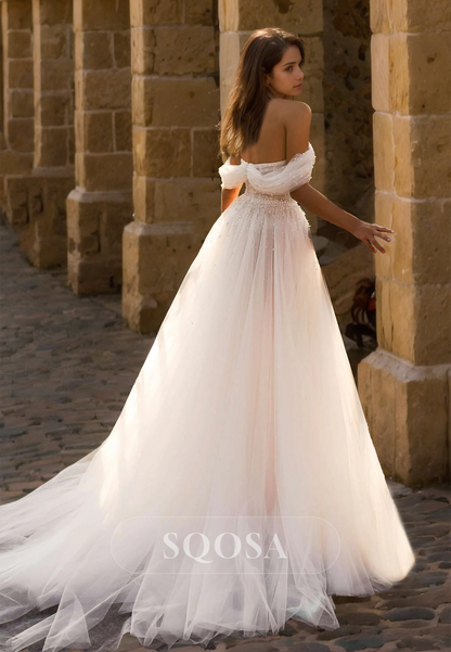 Sweetheart Sleeveless Off-Shoulder Cutout Pleated Beaded Tulle A-Line Wedding Dress with Train