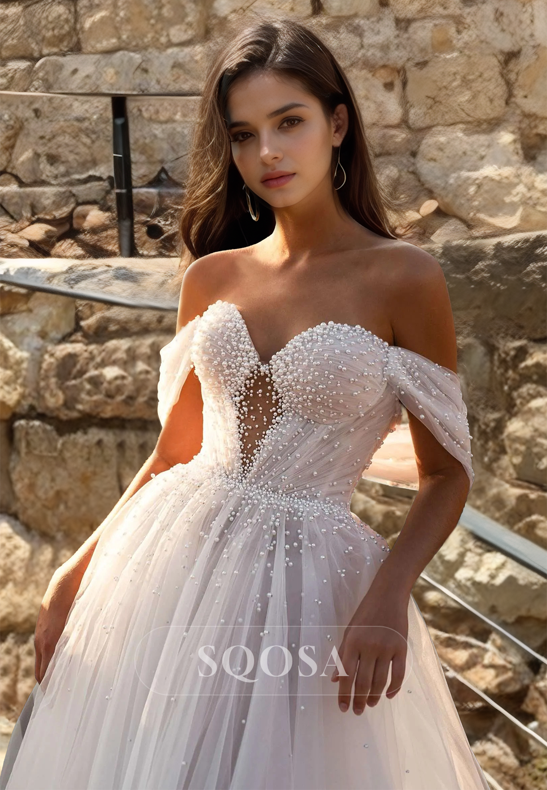 Sweetheart Sleeveless Off-Shoulder Cutout Pleated Beaded Tulle A-Line Wedding Dress with Train