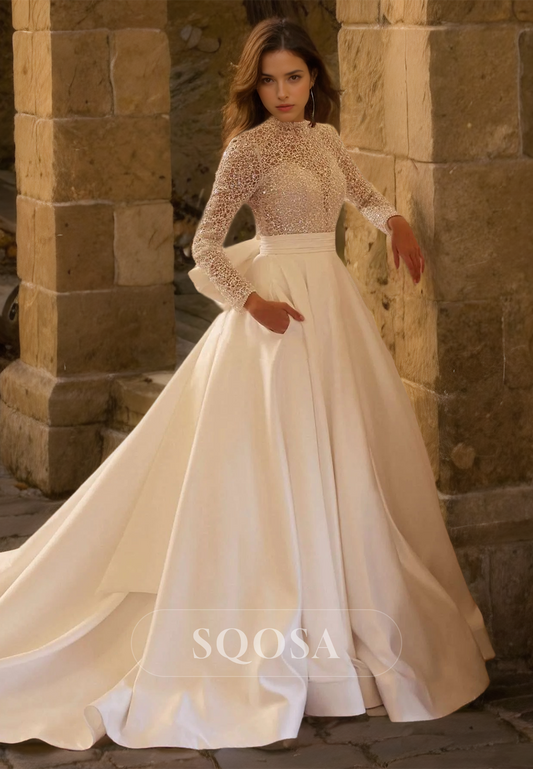 A-Line High-Neck Long-Sleeves Pleated Beaded Satin Wedding Dress with Lace Upper Body