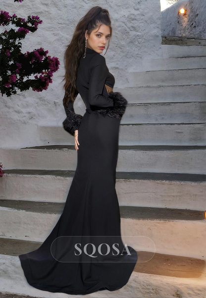 Sweetheart Long-Sleeves Satin Mermaid Prom Dress Cutout Slit Evening Gowns with Sweep Train