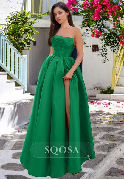 Tube Top Sleeveless Off-Shoulder Formal Gowns Pleated Floor-Length A-Line Prom Dress with High Slit