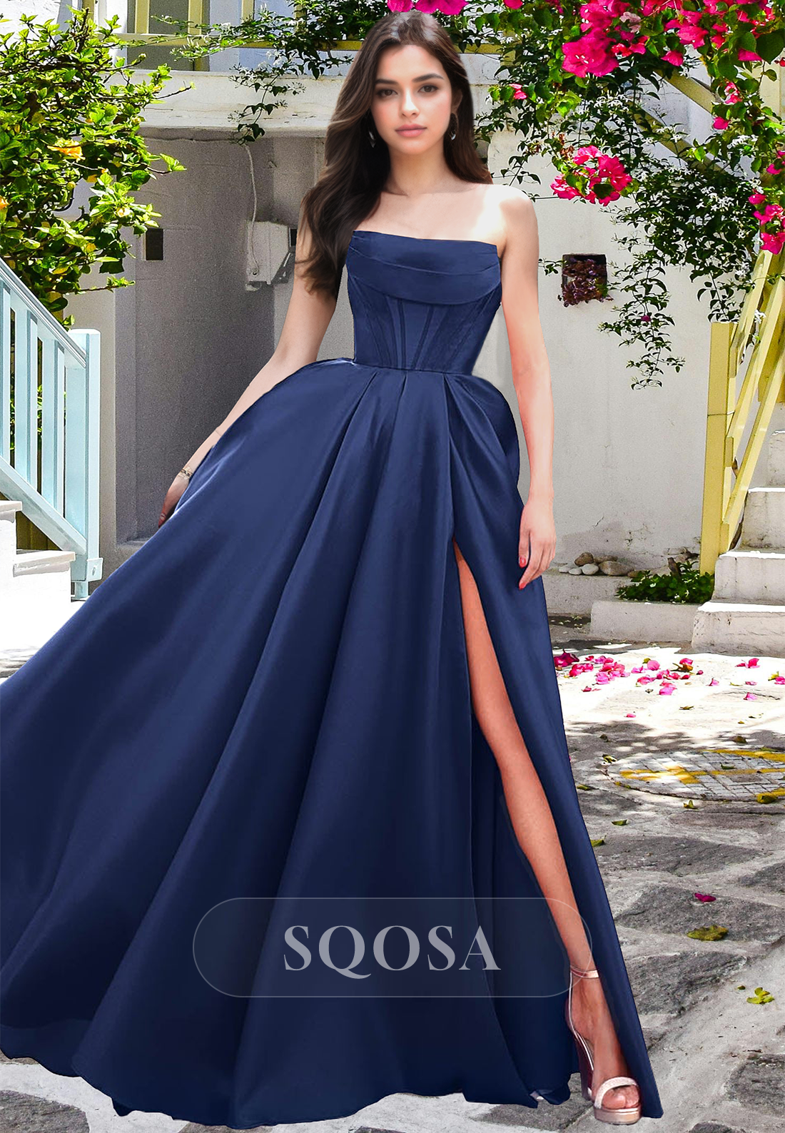 Tube Top Sleeveless Off-Shoulder Formal Gowns Pleated Floor-Length A-Line Prom Dress with High Slit