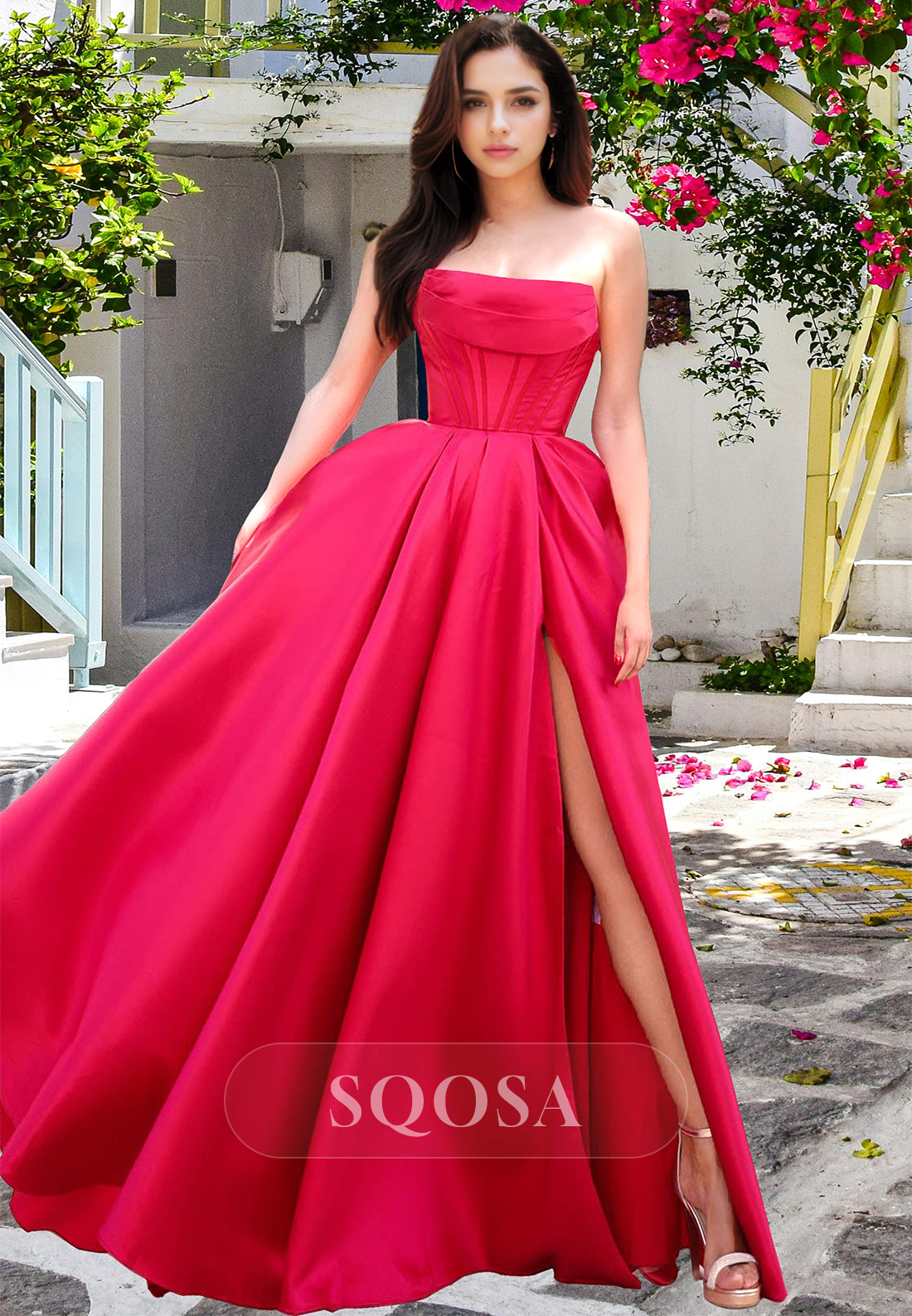 Tube Top Sleeveless Off-Shoulder Formal Gowns Pleated Floor-Length A-Line Prom Dress with High Slit