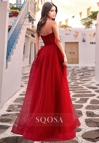 Sweetheart Sleeveless Off-Shoulder Party Gowns Off-Shoulder Pleated Chiffon A-Line Prom Dress with High Slit