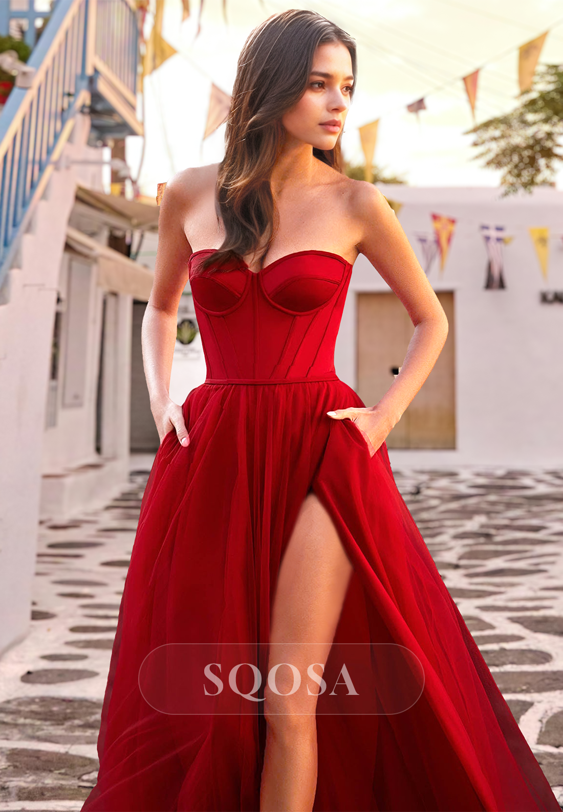 Sweetheart Sleeveless Off-Shoulder Party Gowns Off-Shoulder Pleated Chiffon A-Line Prom Dress with High Slit