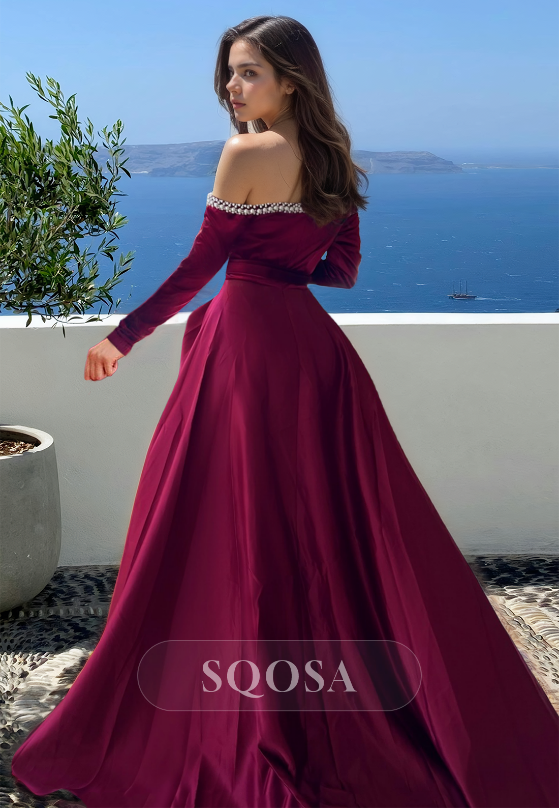 Beaded Sweetheart Long-Sleeves Off-Shoulder Pleated High Slit A-Line Prom Dress with Sweep Train