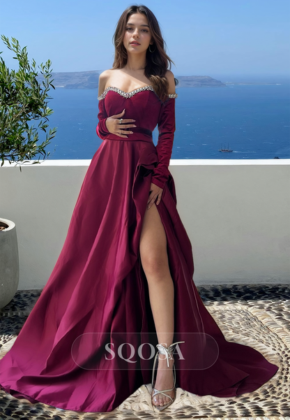 Beaded Sweetheart Long-Sleeves Off-Shoulder Pleated High Slit A-Line Prom Dress with Sweep Train