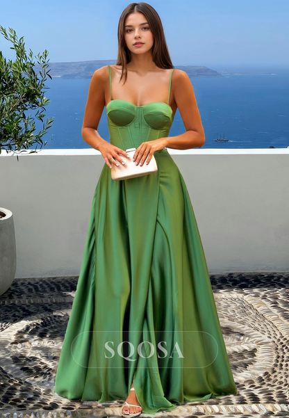 A-Line Sweetheart Spaghetti Straps Formal Gowns Sleeveless Off-Shoulder Pleated Prom Dress