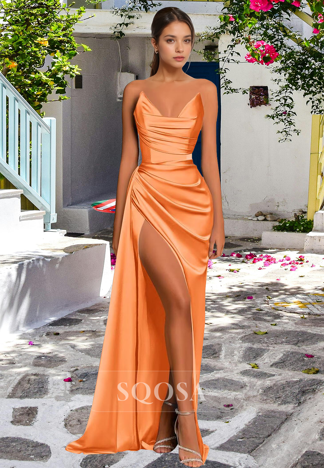 V-Neck Off-Shoulder Sleeveless Pleated High Slit Sweep Train Satin Mer SQOSA V-Neck Off-Shoulder Sleeveless Pleated High Slit Sweep Train Satin Mer SQOSA