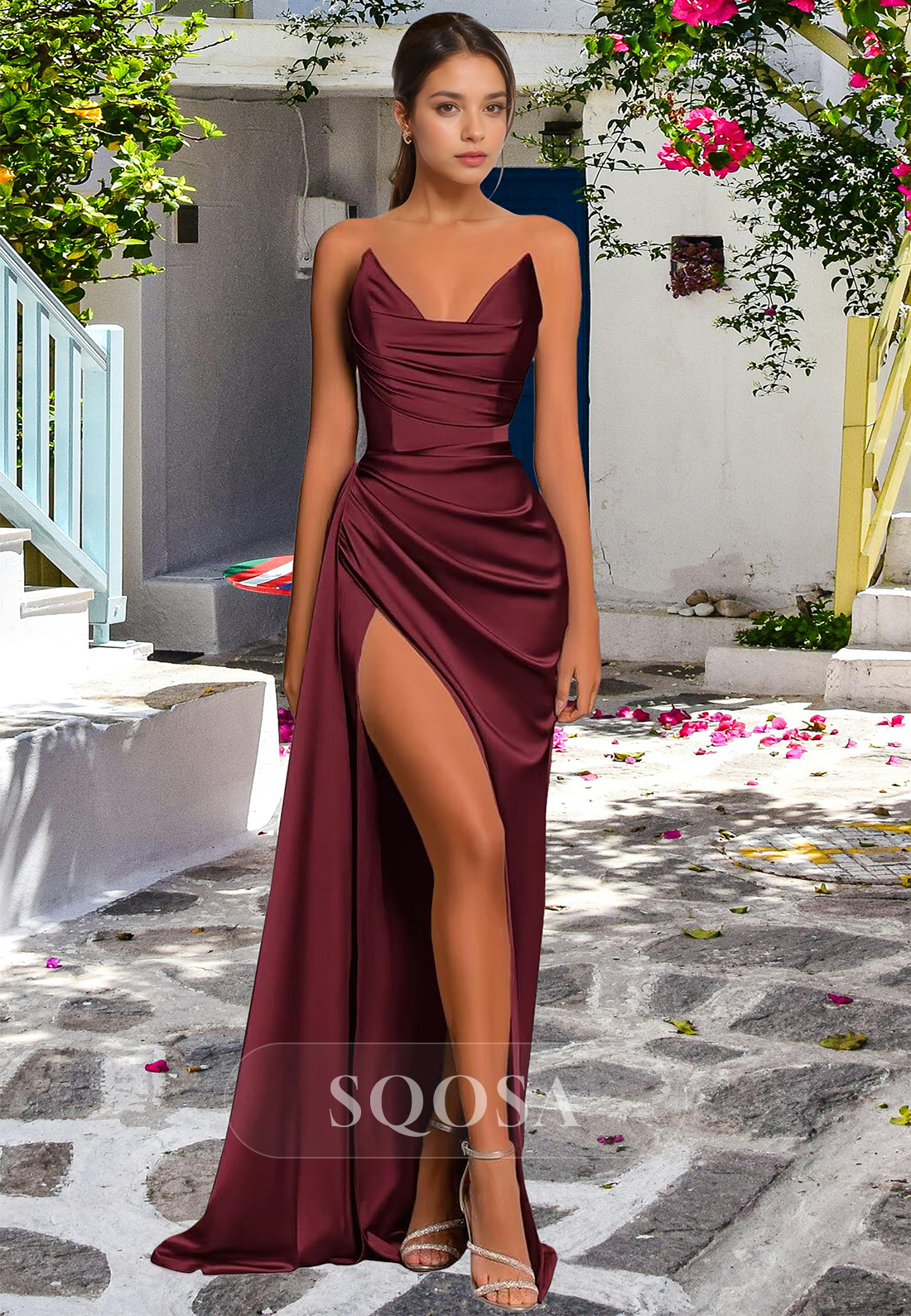 V-Neck Off-Shoulder Sleeveless Party Gowns Pleated High Slit Satin Mermaid Prom Dress