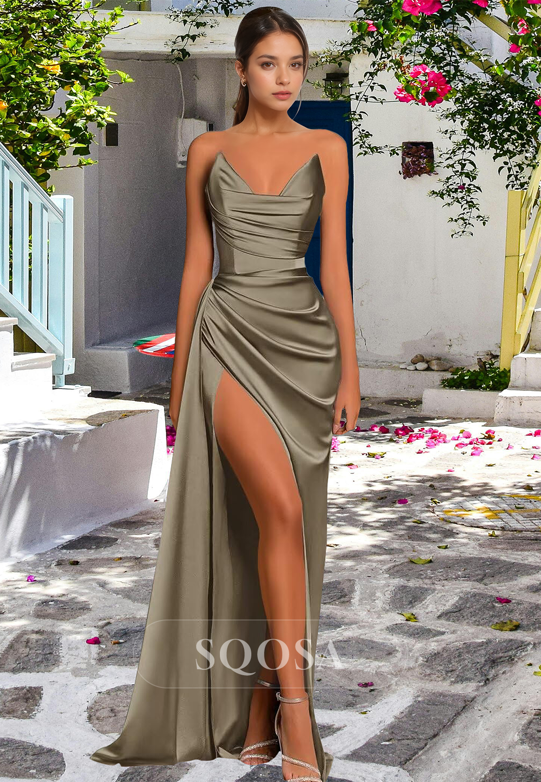 V-Neck Off-Shoulder Sleeveless Party Gowns Pleated High Slit Satin Mermaid Prom Dress