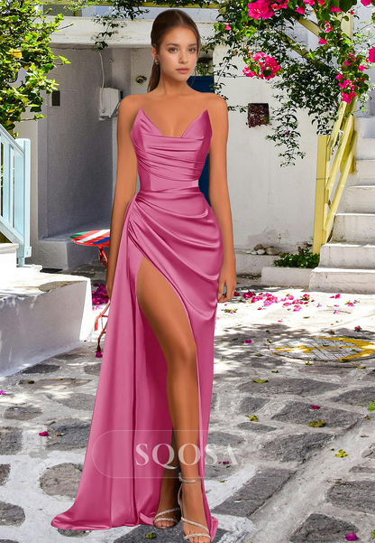 V-Neck Off-Shoulder Sleeveless Party Gowns Pleated High Slit Satin Mermaid Prom Dress