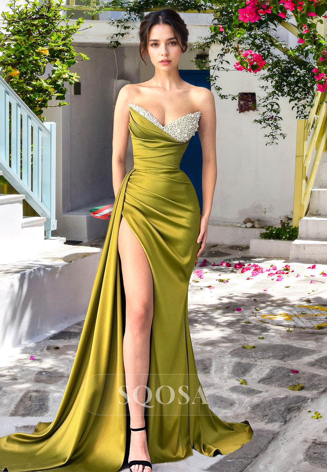 Sweetheart Pearl Pleated Mermaid Prom Dress Off-Shoulder Sleeveless Party Gowns with High Slit As Picture / US4 Sweetheart Pearl Pleated Mermaid Prom Dress Off-Shoulder Sleeveless Party Gowns with High Slit As Picture / US4