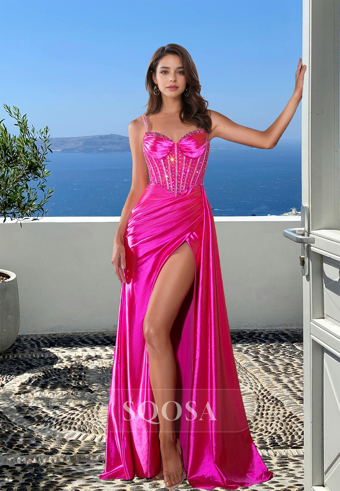 Sweetheart Spaghetti Straps Off-Shoulder Sleeveless Pleated Beaded Cutout Mermaid Prom Dress with High Slit