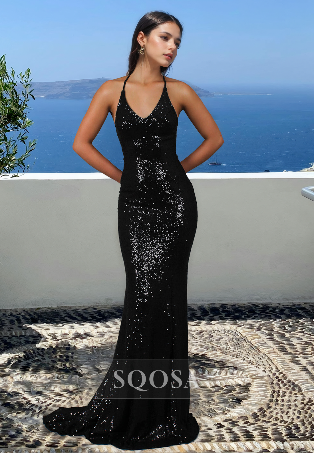 V-Neck Spaghetti Straps Sleeveless Glitter-Knit Sequined Mermaid Prom Dress with Sweep Train