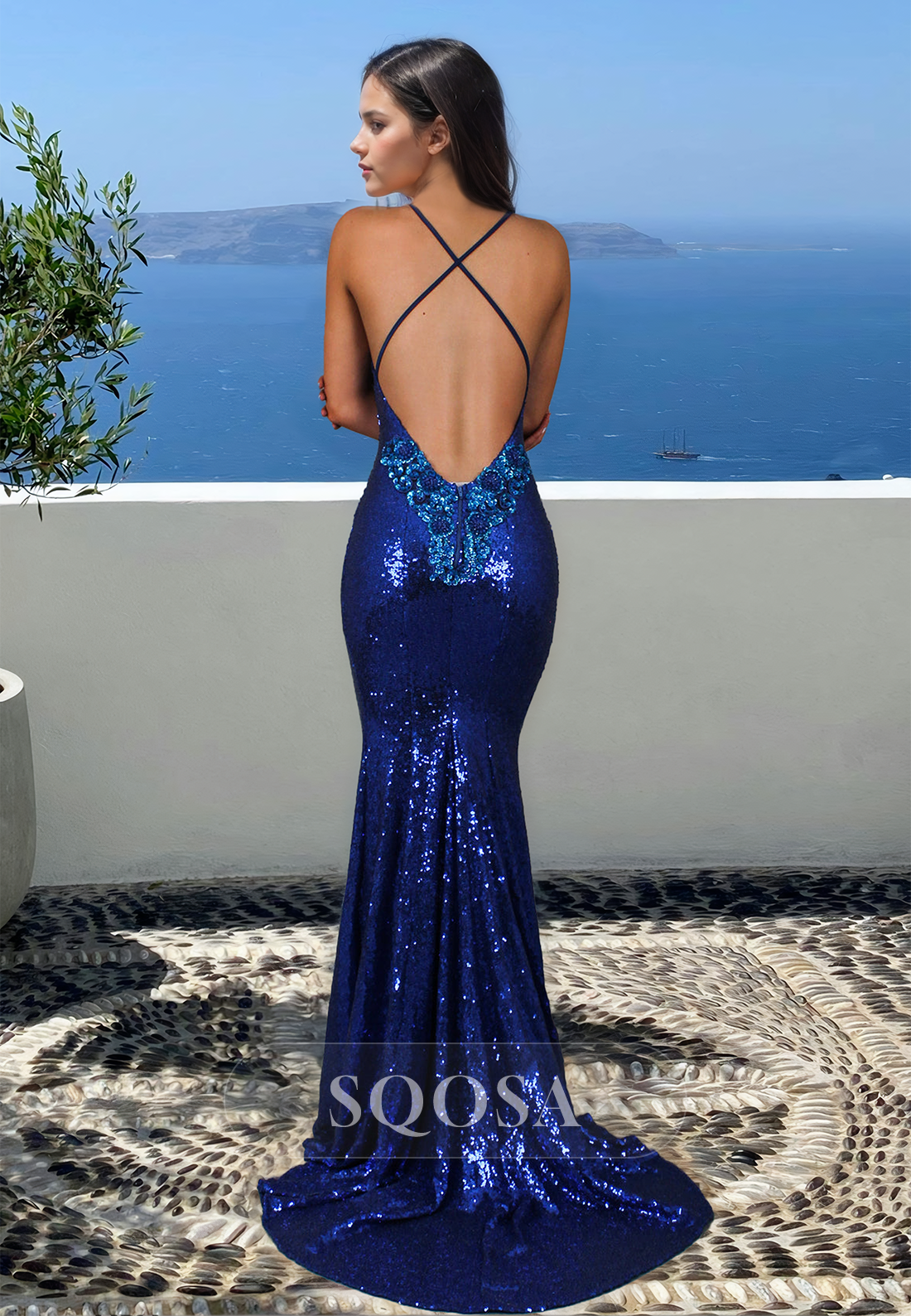 V-Neck Spaghetti Straps Sleeveless Glitter-Knit Sequined Mermaid Prom Dress with Sweep Train Black / US8 V-Neck Spaghetti Straps Sleeveless Glitter-Knit Sequined Mermaid Prom Dress with Sweep Train Black / US8