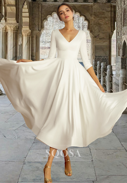 V-Neck Half-Sleeves A-Line Boho Midi Wedding Dress Pleated Satin Beach Bride Gowns