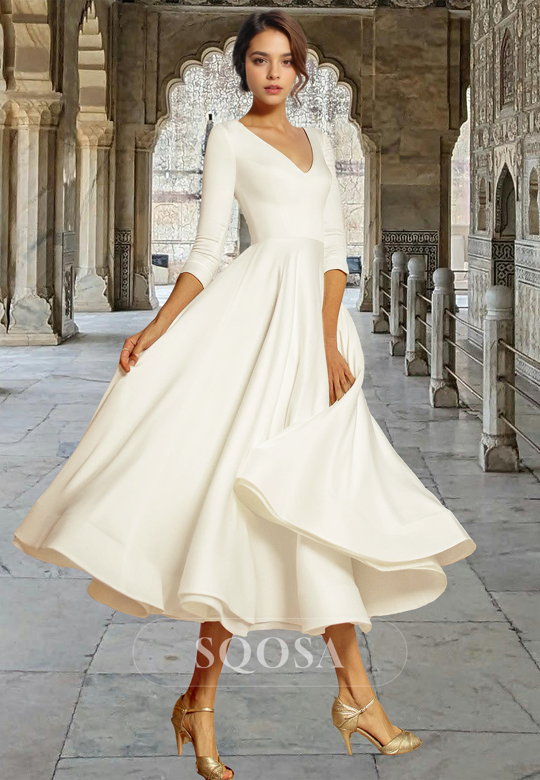 V-Neck Half-Sleeves A-Line Boho Midi Wedding Dress Pleated Satin Beach Bride Gowns