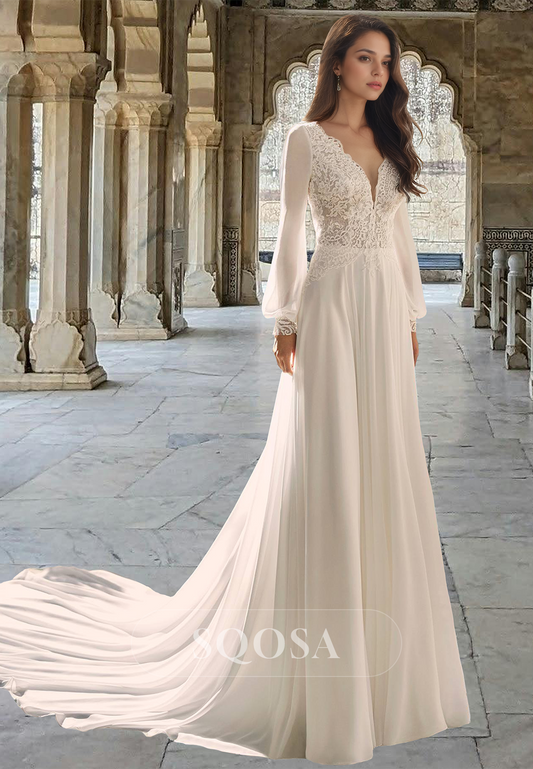 Deep V-Neck Lace Applique Pleated Bride Gowns Long Sleeves Pleated Tulle A-Line Wedding Dress