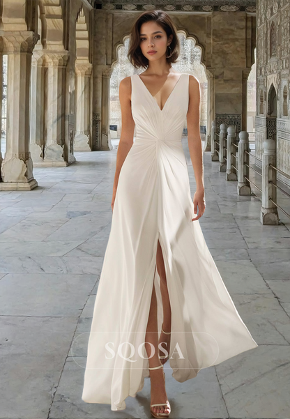 Off-Shoulder Deep V-Neck Straps Pleated Floor-Length Fitted Boho Wedding Dress with High Slit