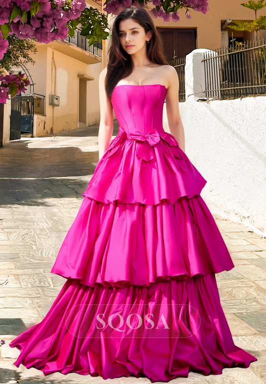 Tube Top Sleeveless Pleated A-Line Prom Dress Off-Shoulder Tiered Satin Formal Gowns with Bows