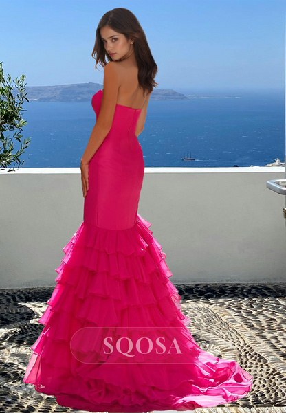 Tube Top Sleeveless Off-Shoulder Pleated Tiered Chiffon Slit Mermaid Prom Dress with Sweep Train