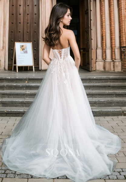 Spaghetti Straps V-Neck Sleeveless A-Line Wedding Dress Beaded Pleated Cutout Tulle Bride Gowns