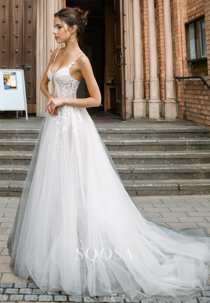 Spaghetti Straps V-Neck Sleeveless A-Line Wedding Dress Beaded Pleated Cutout Tulle Bride Gowns