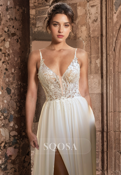 Spaghetti Straps Deep V-Neck Sleeveless Lace Applique Pleated Chiffon A-Line Wedding Dress with Slit