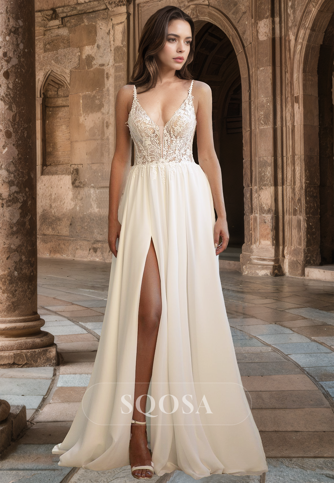 Spaghetti Straps Deep V-Neck Sleeveless Lace Applique Pleated Chiffon A-Line Wedding Dress with Slit