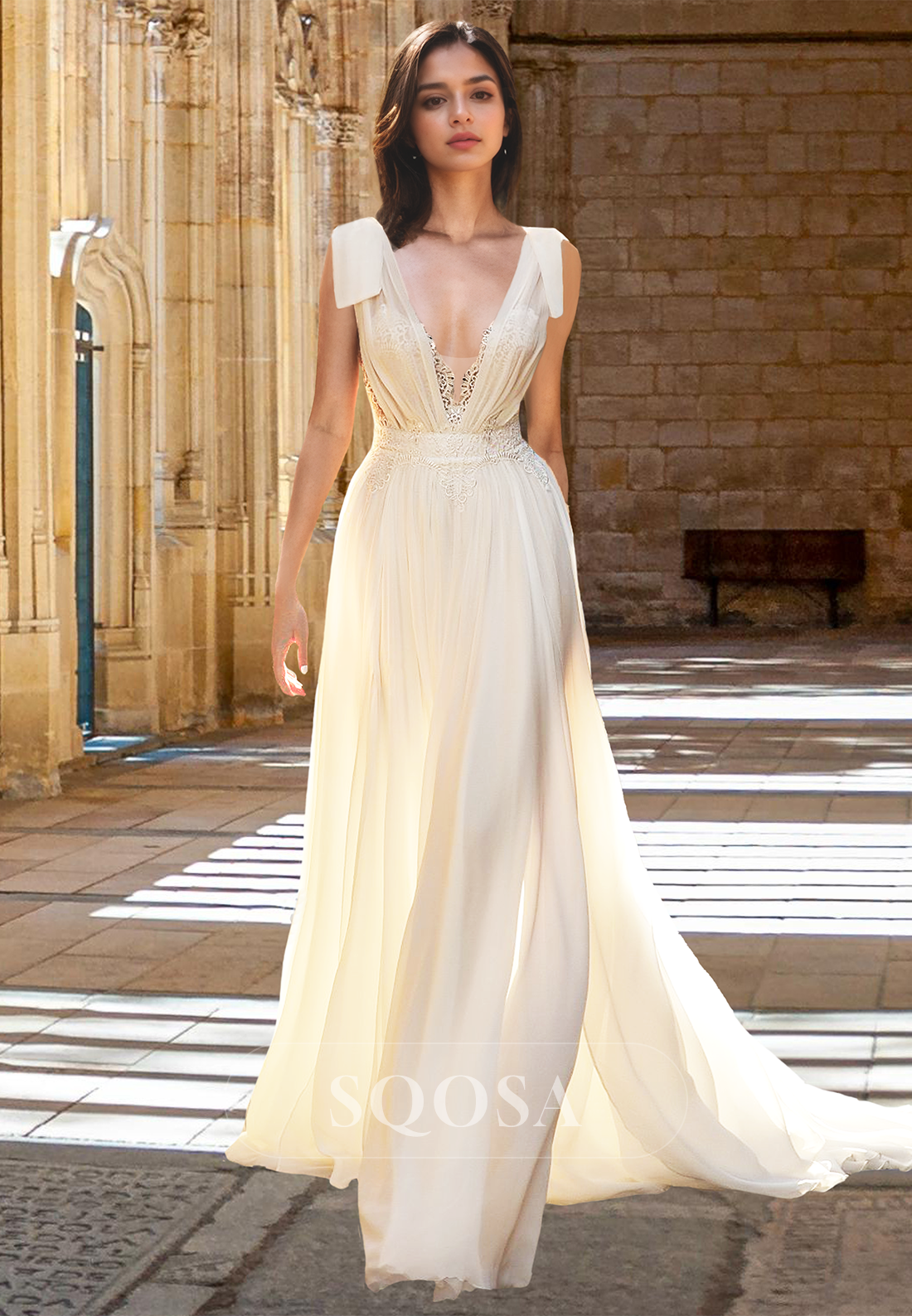 Straps Deep V-Neck Off-Shoulder Applique Bride Gowns Sleeveless Pleated Chiffon A-Line Wedding Dress