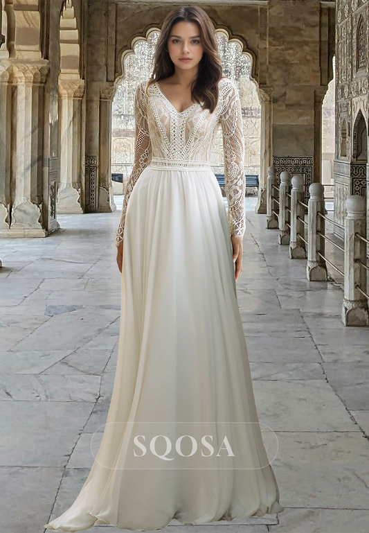 V-Neck Lace Long-Sleeves Pleated Cutout Chiffon A-Line Wedding Dress with Sweep Train