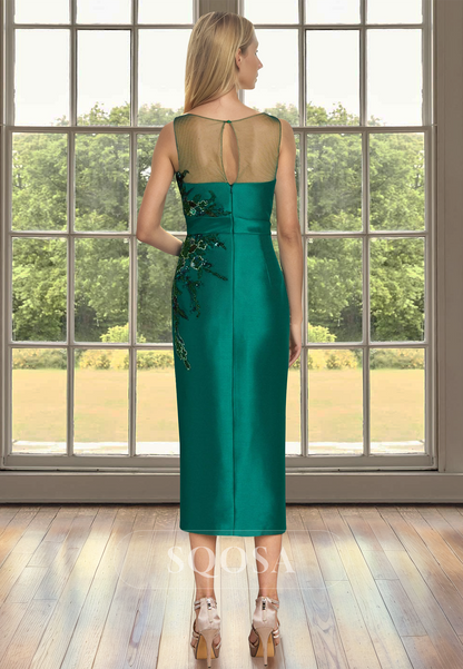 Scoop-Neck Sleeveless Applique Cocktail Gowns Straps Pleated Midi Mermaid Mother of the Bride Dress