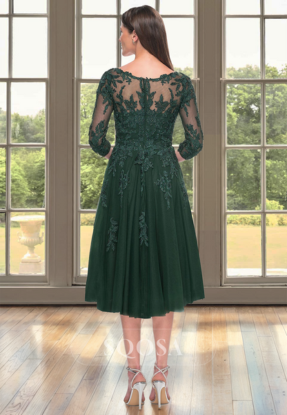 A-Line Half-Sleeves Beaded Midi Mother of the Bride Dress V-Neck Applique Pleated Cocktail Gowns