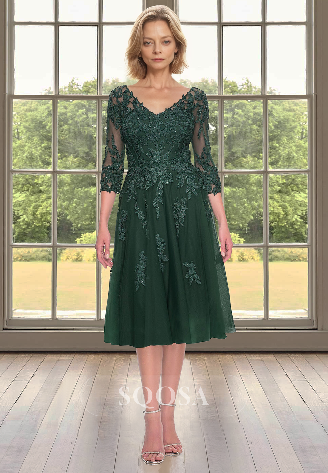 A-Line Half-Sleeves Beaded Midi Mother of the Bride Dress V-Neck Applique Pleated Cocktail Gowns