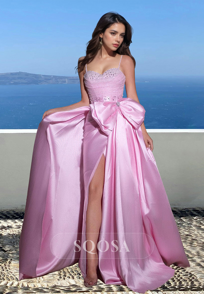 Spaghetti Straps Beaded Swwtheart Sleeveless Formal Gowns Pleated Slit A-Line Prom Dress with Big Bow