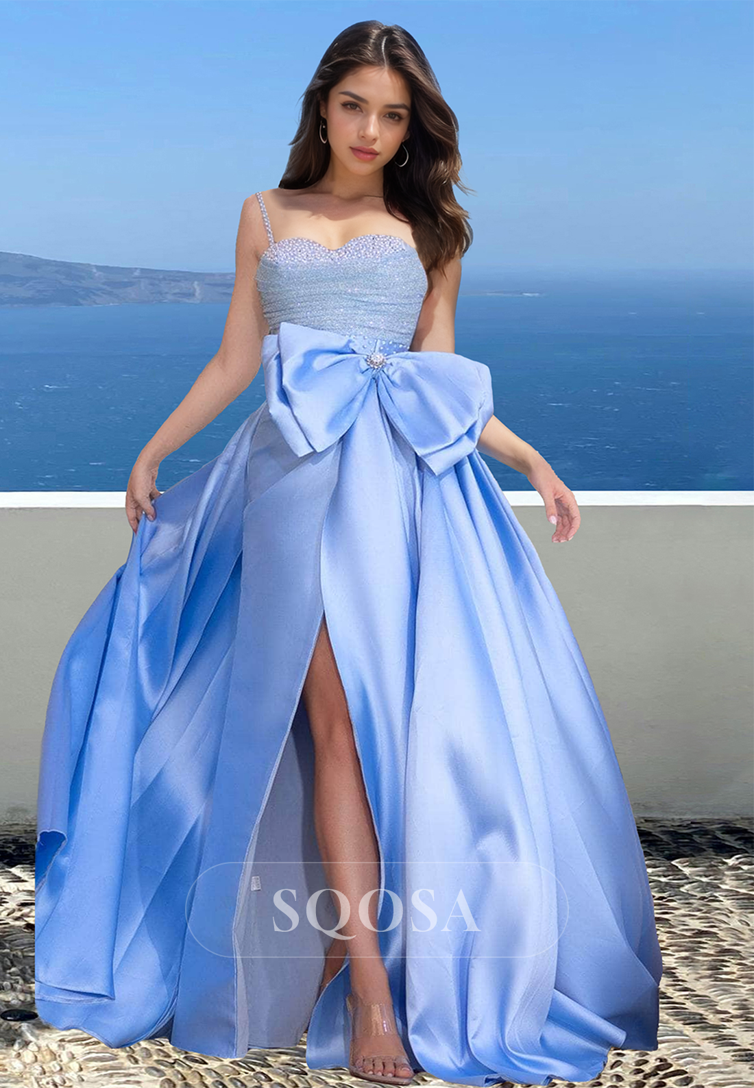 Spaghetti Straps Beaded Swwtheart Sleeveless Formal Gowns Pleated Slit A-Line Prom Dress with Big Bow