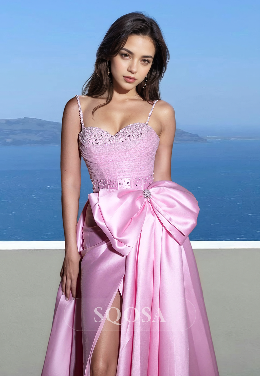 Spaghetti Straps Beaded Swwtheart Sleeveless Formal Gowns Pleated Slit A-Line Prom Dress with Big Bow