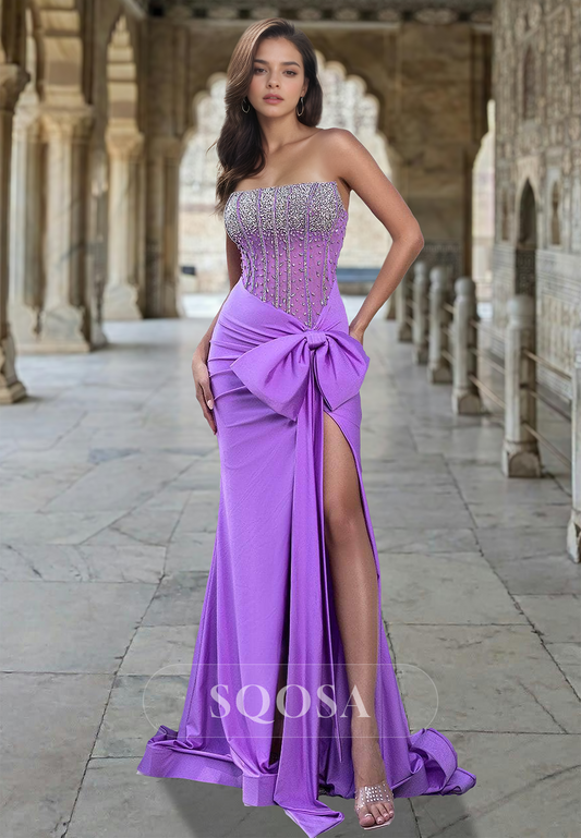 Tube Top Off-Shoulder Sleeveless Bow Formal Gowns Beaded Pleated Mermaid Prom Dress with High Slit