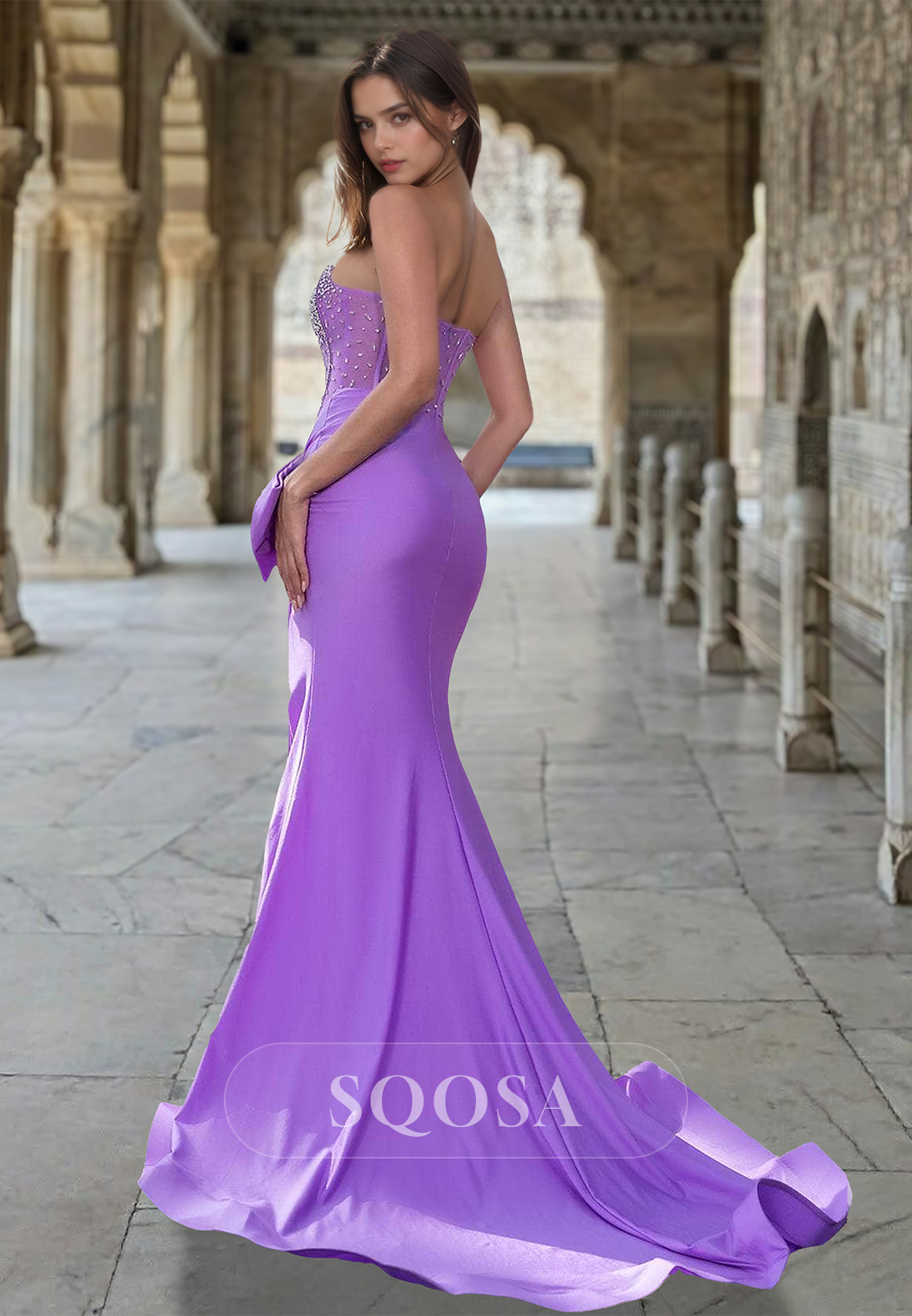 Tube Top Off-Shoulder Sleeveless Bow Formal Gowns Beaded Pleated Merma – SQOSA