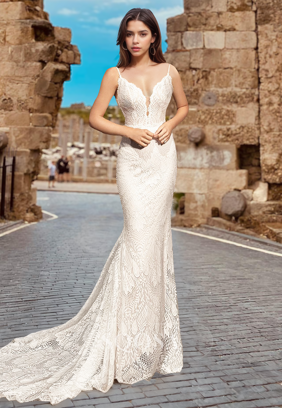 off the shoulder spaghetti strap wedding dress Deep V-Neck Spaghetti Straps Sleeveless Wedding Dress Off-Shoulder Lace Applique Pleated Bride Gowns Ivory / Custom Size