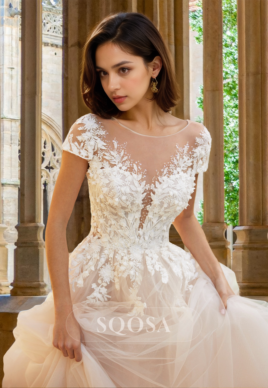 Scoop-Neck Short-Sleeves Pleated Tulle Bride Gowns Beaded Floral Embossed Applique A-Line Wedding Dress