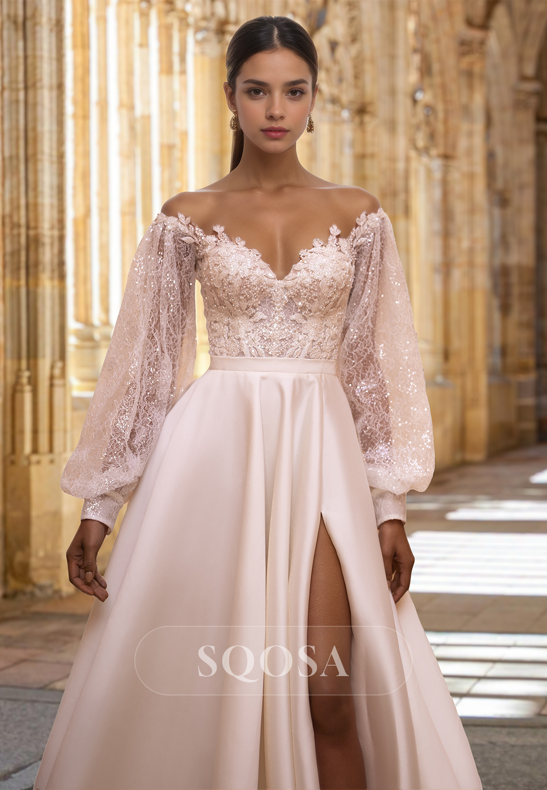 Off-Shoulder V-Neck Pleated Satin Bride Gowns Long-Sleeves Beaded Glitter Lace A-Line Wedding Dress