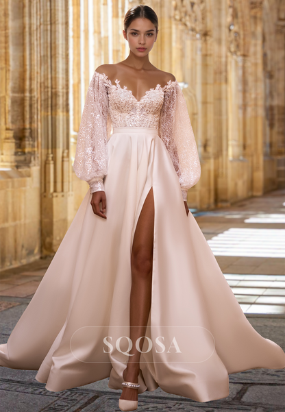Off-Shoulder V-Neck Pleated Satin Bride Gowns Long-Sleeves Beaded Glitter Lace A-Line Wedding Dress White / US2 Off-Shoulder V-Neck Pleated Satin Bride Gowns Long-Sleeves Beaded Glitter Lace A-Line Wedding Dress White / US2