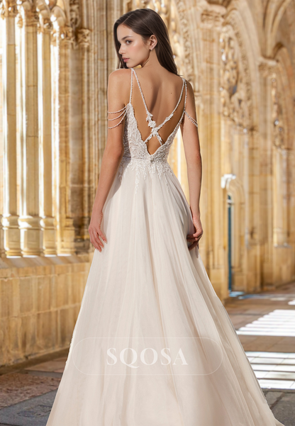 Spaghetti Straps Off-Shoulder Sleeveless Bride Gowns Deep V-Neck Beaded Applique A-Line Wedding Dress