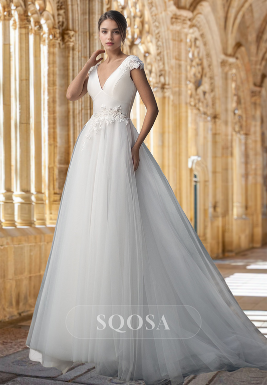 A-Line Deep V-Neck Cap-Sleeves Applique Pleated Applique Wedding Dress with Tulle Train