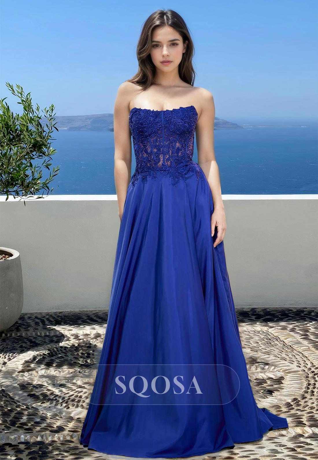 Scoop-Neck Off-Shoulder Sleeveless Pleated Beaded Applique Satin A-Line Prom Dress with Sweep Train Royal Blue / Custom Size Scoop-Neck Off-Shoulder Sleeveless Pleated Beaded Applique Satin A-Line Prom Dress with Sweep Train Royal Blue / Custom Size