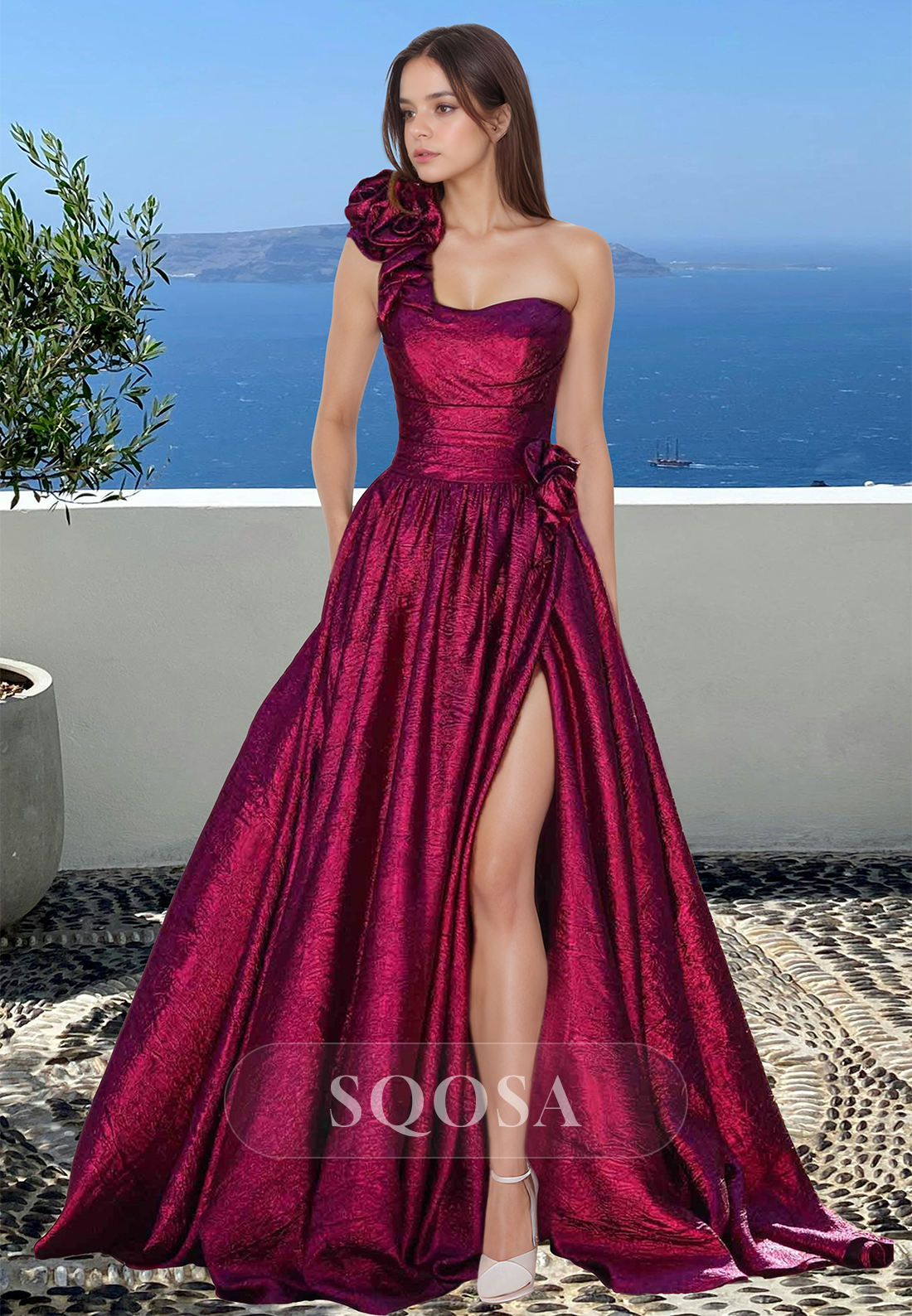 pleated sparkle dress Asymmetrical Midi Wedding Guest Dress with Short Sleeves & Pleated Design